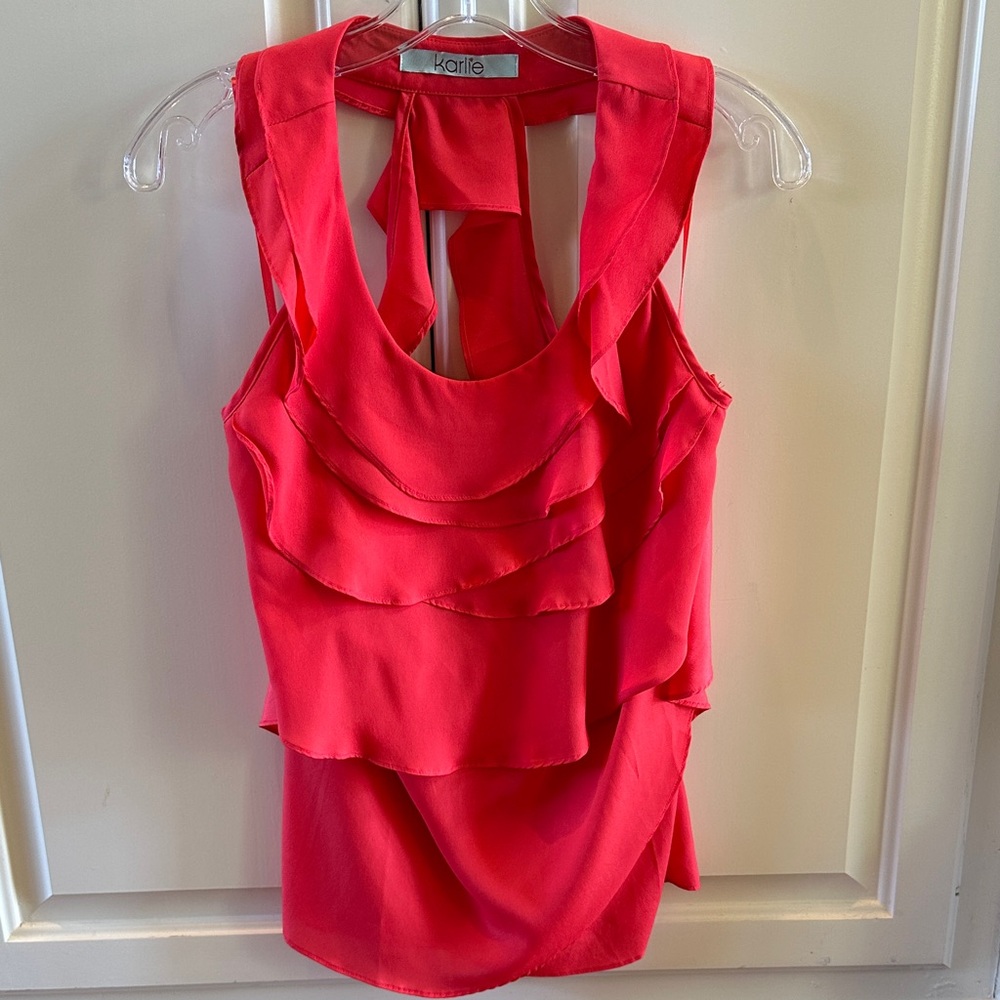 Karlie open back coral Layered Blouse - sleeveless and open back with ruffles